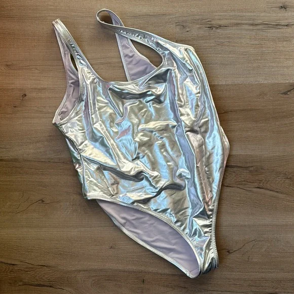 Skims Silver Metallic High Cut One Piece Swimsuit Nickel 3X 2XL XXL Baywatch - Picture 5 of 12